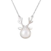 925 Sterling Silver Necklaces, with Freshwater Pearl, with 1.96inch extender chain, Antlers, platinum plated, oval chain & for woman, more colors for choice, 15.3x21.4mm, 8.5mm, Sold Per Approx 15.74 Inch Strand