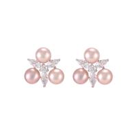 925 Sterling Silver Stud Earrings with Freshwater Pearl Geometrical Pattern platinum plated for woman & with rhinestone 6.5mm Sold By Pair