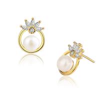 925 Sterling Silver Stud Earrings, with Freshwater Pearl, plated, for woman & with rhinestone & hollow, more colors for choice, 10.4x13.8mm, 6mm, Sold By Pair