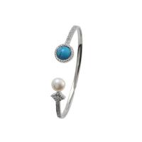 925 Sterling Silver Cuff Bangle with Blue Goldstone & Freshwater Pearl platinum plated adjustable & micro pave cubic zirconia & for woman 7mm 11mm 3mm Inner Approx 53mm Sold By PC