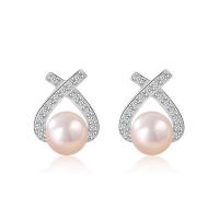 925 Sterling Silver Stud Earrings with Freshwater Pearl Geometrical Pattern platinum plated for woman & hollow 5mm Sold By Pair