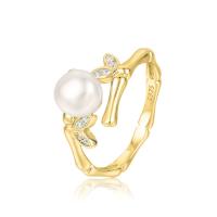 925 Sterling Silver Finger Rings, with Freshwater Pearl, Leaf, plated, adjustable & for woman & with rhinestone, more colors for choice, 9.6mm, 6.5mm, US Ring Size:6-8, Sold By PC