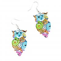 Brass Drop Earring, Owl, brushwork, for woman & hollow, multi-colored, 25x55mm, Sold By Pair