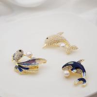 Zinc Alloy Brooches with pearl Fish fashion jewelry & for woman & with cubic zirconia Sold By PC