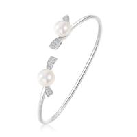 925 Sterling Silver Cuff Bangle, with Shell Pearl, Bowknot, plated, adjustable & for woman, more colors for choice, 2.3mm, 10mm, Inner Diameter:Approx 57mm, Sold By PC