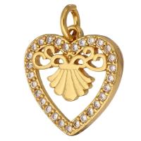 Cubic Zirconia Micro Pave Brass Pendant, Heart, gold color plated, micro pave cubic zirconia & hollow, 14x15x2mm, Hole:Approx 2mm, 10PCs/Lot, Sold By Lot