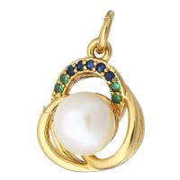 Cubic Zirconia Micro Pave Brass Pendant, with Plastic Pearl, gold color plated, micro pave cubic zirconia & hollow, 11x13x11mm, Hole:Approx 2mm, 10PCs/Lot, Sold By Lot