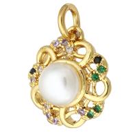 Cubic Zirconia Micro Pave Brass Pendant, with Plastic Pearl, gold color plated, micro pave cubic zirconia & hollow, 12x13x11mm, Hole:Approx 2mm, 10PCs/Lot, Sold By Lot