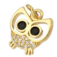 Cubic Zirconia Micro Pave Brass Pendant, Owl, gold color plated, micro pave cubic zirconia & hollow, 11x12x2mm, Hole:Approx 1mm, 10PCs/Lot, Sold By Lot