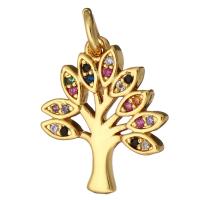 Cubic Zirconia Micro Pave Brass Pendant, Tree, gold color plated, micro pave cubic zirconia, 13x16x2mm, Hole:Approx 2mm, 10PCs/Lot, Sold By Lot