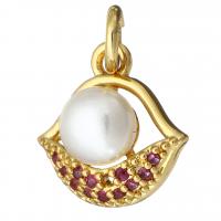 Cubic Zirconia Micro Pave Brass Pendant, with Plastic Pearl, gold color plated, micro pave cubic zirconia, 12x12x5mm, Hole:Approx 2mm, 10PCs/Lot, Sold By Lot