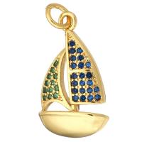 Cubic Zirconia Micro Pave Brass Pendant, Sail Boat, gold color plated, micro pave cubic zirconia, 12x20x3mm, Hole:Approx 2mm, 10PCs/Lot, Sold By Lot