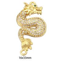 Cubic Zirconia Micro Pave Brass Pendant, Dragon, gold color plated, micro pave cubic zirconia, 16x33x3mm, Hole:Approx 2mm, 10PCs/Lot, Sold By Lot