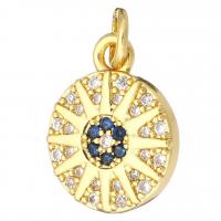 Cubic Zirconia Micro Pave Brass Pendant, Flat Round, gold color plated, micro pave cubic zirconia, 11x14x2mm, Hole:Approx 2mm, 10PCs/Lot, Sold By Lot