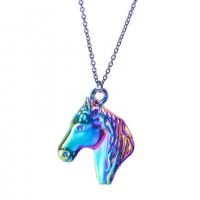 Pingentes animais de liga de zinco, Cavalo, platinado colorido, joias de moda, multi colorido, 22x29mm, comprimento 45 cm, vendido por PC