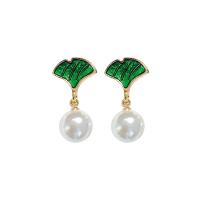 Zinklegierung Ohrringe, mit Kunststoff Perlen, Blatt, plattiert, Modeschmuck, zwei verschiedenfarbige, 14x25mm, verkauft von Paar