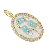 Cubic Zirconia Micro Pave Brass Pendant, gold color plated, with flower pattern & micro pave cubic zirconia & enamel, 18x30x5mm, Hole:Approx 3mm, 10PCs/Lot, Sold By Lot