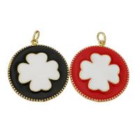 Brass Jewelry Pendants Flat Round gold color plated four leaf clover design & enamel Approx 3mm Sold By Lot