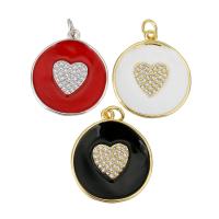 Cubic Zirconia Micro Pave Brass Pendant, Flat Round, gold color plated, with heart pattern & micro pave cubic zirconia & enamel, more colors for choice, 20x22x2mm, Hole:Approx 3mm, 10PCs/Lot, Sold By Lot