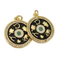 Cubic Zirconia Micro Pave Brass Pendant, Flat Round, gold color plated, evil eye pattern & micro pave cubic zirconia & enamel, black, 18x20x2mm, Hole:Approx 2mm, 10PCs/Lot, Sold By Lot