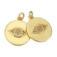 Cubic Zirconia Micro Pave Brass Pendant, Flat Round, gold color plated, with eye pattern & micro pave cubic zirconia, 15x18x2mm, Hole:Approx 2mm, 10PCs/Lot, Sold By Lot