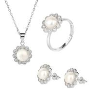 925 Sterling Silver Jewelry Sets with Freshwater Pearl Flower platinum plated & for woman & with rhinestone Sold By PC