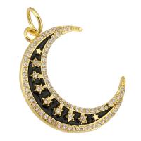 Cubic Zirconia Micro Pave Brass Pendant, Moon, gold color plated, micro pave cubic zirconia & enamel, black, 22x26x3mm, Hole:Approx 4mm, 10PCs/Lot, Sold By Lot