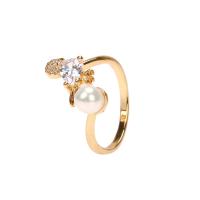 cobre Cuff Ring Finger, with Shell Pearl & zircone em forma de cubo, cromado de cor dourada, para mulher, níquel, chumbo e cádmio livre, 17x15mm, vendido por PC