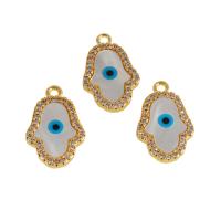 Cubic Zirconia Micro Pave Brass Pendant, with Shell, Hand, real gold plated, evil eye pattern & micro pave cubic zirconia & enamel, golden, 21x13x2mm, Sold By PC