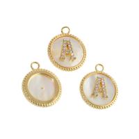 Cubic Zirconia Micro Pave Brass Pendant with Shell Round real gold plated with letter pattern & micro pave cubic zirconia golden Sold By PC