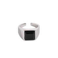 925 de prata esterlina Cuff Ring Finger, with Ágata preta, Quadrado, platinado, ajustável & para mulher, 9.7mm, 14.4mm, tamanho:4, vendido por PC