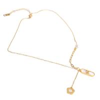 Collar de acero inoxidable de la joyería, con Perlas plásticas, con 1.97inch extender cadena, chapado en color dorado, para mujer, 29x8x3mm, longitud:aproximado 17.72 Inch, Vendido por UD