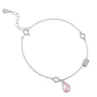 Pulseras de Perlas Freshwater, Plata de ley 925, con Perlas cultivadas de agua dulce, con 1.18inch extender cadena, chapado en platina real, cadena oval & micro arcilla de zirconia cúbica & para mujer, más colores para la opción, 6mm, Vendido para aproximado 6.3 Inch Sarta