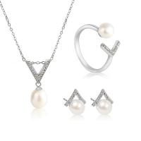 Natural Cultured Freshwater Pearl Jewelry Sets Stud Earring & finger ring & necklace 925 Sterling Silver with Freshwater Pearl with 1.96inch extender chain Geometrical Pattern platinum plated three pieces & oval chain & for woman & with rhinestone US Ring Length Approx 15.74 Inch Sold By Set