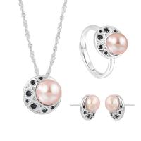 Natural Cultured Freshwater Pearl Jewelry Sets, Stud Earring & finger ring & necklace, 925 Sterling Silver, with Freshwater Pearl, Geometrical Pattern, platinum plated, three pieces & for woman & with rhinestone, more colors for choice, 13.5x13.5mm, 12.3x12.3mm, US Ring Size:6-8, Length:Approx 17.7 Inch, Sold By Set