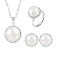 925 Sterling Silver Jewelry Sets Stud Earring & finger ring & necklace with Shell Pearl with 1.96inch extender chain Round platinum plated three pieces & for woman & with rhinestone 12mm Length Approx 17.7 Inch Sold By Set