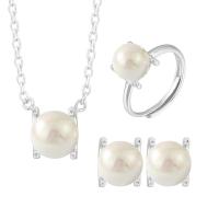 925 Sterling Silver Jewelry Sets, Stud Earring & finger ring & necklace, with Shell Pearl, with 1.96inch extender chain, Round, platinum plated, three pieces & for woman, more colors for choice, 11.4x11mm, 8x9.3mm, 8mm, US Ring Size:6-8, Length:Approx 17.7 Inch, Sold By Set