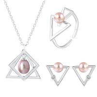 Natural Cultured Freshwater Pearl Jewelry Sets, Stud Earring & finger ring & necklace, 925 Sterling Silver, with Freshwater Pearl, with 1.96inch extender chain, Geometrical Pattern, platinum plated, three pieces & for woman & hollow, more colors for choice, 18.25x15.88mm, 13x13.6mm, 5.5mm, US Ring Size:6-8, Length:Approx 17.7 Inch, Sold By Set