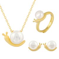 Natural Cultured Freshwater Pearl Jewelry Sets, Stud Earring & finger ring & necklace, 925 Sterling Silver, with Freshwater Pearl, with 1.96inch extender chain, Snail, plated, three pieces & for woman, more colors for choice, 14.5x9.8mm, 11x8.5mm, 7mm, US Ring Size:6-8, Length:Approx 17.7 Inch, Sold By Set