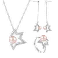 Natural Cultured Freshwater Pearl Jewelry Sets, finger ring & earring & necklace, 925 Sterling Silver, with Freshwater Pearl, Star, platinum plated, three pieces & for woman & with rhinestone & hollow, more colors for choice, 16.8x18.8mm, 12.4x15.9mm, US Ring Size:6-8, Length:Approx 17.7 Inch, Sold By Set