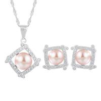 Natural Cultured Freshwater Pearl Jewelry Sets, Stud Earring & necklace, 925 Sterling Silver, with Freshwater Pearl, with 1.96inch extender chain, Square, platinum plated, 2 pieces & for woman & with rhinestone & hollow, more colors for choice, 16.6x18.9mm, 10.2x10.2mm, Length:Approx 17.7 Inch, Sold By Set