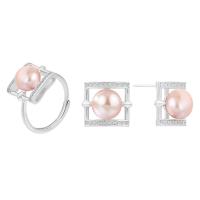 Natural Cultured Freshwater Pearl Jewelry Sets, Stud Earring & finger ring, 925 Sterling Silver, with Freshwater Pearl, Geometrical Pattern, platinum plated, 2 pieces & for woman & with rhinestone & hollow, more colors for choice, 13.2x11.85mm, 8mm, US Ring Size:6-8, Sold By Set