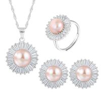 Natural Cultured Freshwater Pearl Jewelry Sets, Stud Earring & finger ring & necklace, 925 Sterling Silver, with Freshwater Pearl, with 1.96inch extender chain, Flower, platinum plated, three pieces & for woman, more colors for choice, 19.6x17.3mm, 17x17mm, US Ring Size:6-8, Length:Approx 17.7 Inch, Sold By Set