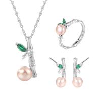 Natural Cultured Freshwater Pearl Jewelry Sets Stud Earring & finger ring & necklace 925 Sterling Silver with Freshwater Pearl with 1.96inch extender chain Bamboo platinum plated three pieces & for woman 7.8mm US Ring Length Approx 15.74 Inch Sold By Set