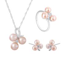 Natural Cultured Freshwater Pearl Jewelry Sets Stud Earring & finger ring & necklace 925 Sterling Silver with Freshwater Pearl platinum plated three pieces & for woman US Ring Length Approx 17.7 Inch Sold By Set