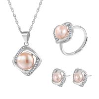 Natural Cultured Freshwater Pearl Jewelry Sets, Stud Earring & finger ring & necklace, 925 Sterling Silver, with Freshwater Pearl, with 1.96inch extender chain, Geometrical Pattern, platinum plated, three pieces & for woman & with rhinestone & hollow, more colors for choice, 15.8x23.5mm, 15mm, 13mm, US Ring Size:6-8, Length:Approx 15.74 Inch, Sold By Set