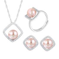 Natural Cultured Freshwater Pearl Jewelry Sets, Stud Earring & finger ring & necklace, 925 Sterling Silver, with Freshwater Pearl, with 1.96inch extender chain, Geometrical Pattern, platinum plated, three pieces & for woman & with rhinestone & hollow, more colors for choice, 16.5x16.5mm, 12.08x11.88mm, Length:Approx 17.7 Inch, Sold By Set