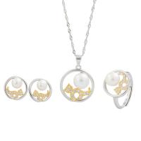 Natural Cultured Freshwater Pearl Jewelry Sets Stud Earring & finger ring & necklace 925 Sterling Silver with Freshwater Pearl plated three pieces & for woman & with rhinestone & hollow 12.5mm 14mm US Ring Length Approx 15.7 Inch Sold By Set