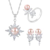Natural Cultured Freshwater Pearl Jewelry Sets, Stud Earring & finger ring & necklace, 925 Sterling Silver, with Freshwater Pearl, with 1.96inch extender chain, Flower, platinum plated, three pieces & for woman & with rhinestone, more colors for choice, 19.8x22.5mm, 7.8x17.5mm, US Ring Size:6-8, Length:Approx 17.7 Inch, Sold By Set