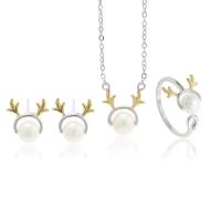 Natural Cultured Freshwater Pearl Jewelry Sets, Stud Earring & finger ring & necklace, 925 Sterling Silver, with Freshwater Pearl, with 1.96inch extender chain, Antlers, platinum plated, three pieces & Christmas jewelry & for woman, 11.6x12.5mm, 11.6x14mm, 11.6x11.3mm, 6mm, US Ring Size:6-8, Length:Approx 15.7 Inch, Sold By Set